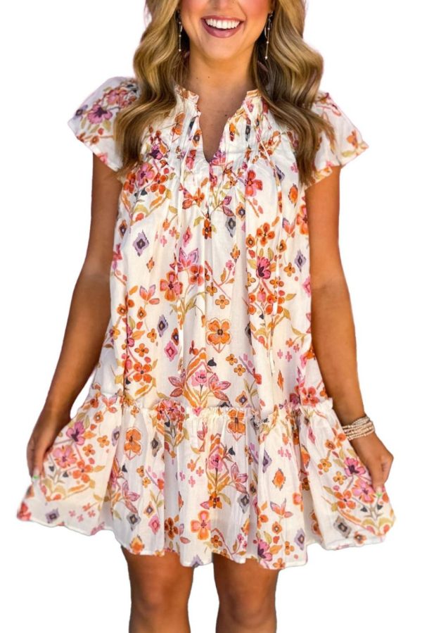 Women Apricot Floral Print Ruffled Trim Flutter Sleeve Mini Dress | Short Dresses - Image 2