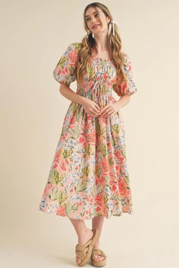 Women Apricot Pink Floral Knot Front Smocked Bubble Sleeve Dress | Midi Dresses