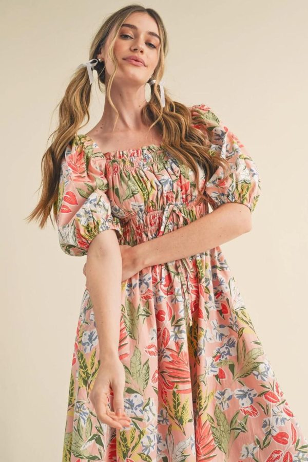 Women Apricot Pink Floral Knot Front Smocked Bubble Sleeve Dress | Midi Dresses - Image 2
