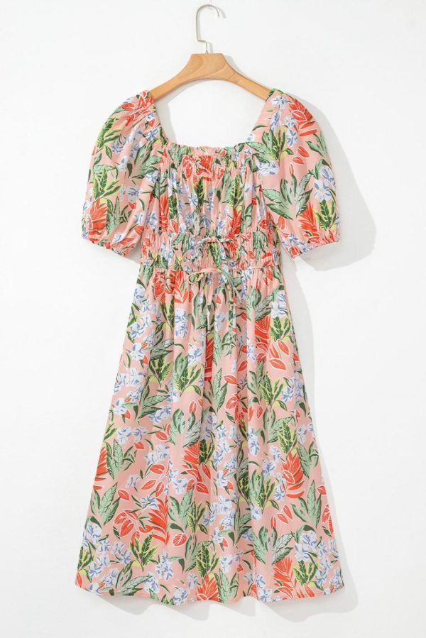 Women Apricot Pink Floral Knot Front Smocked Bubble Sleeve Dress | Midi Dresses - Image 3