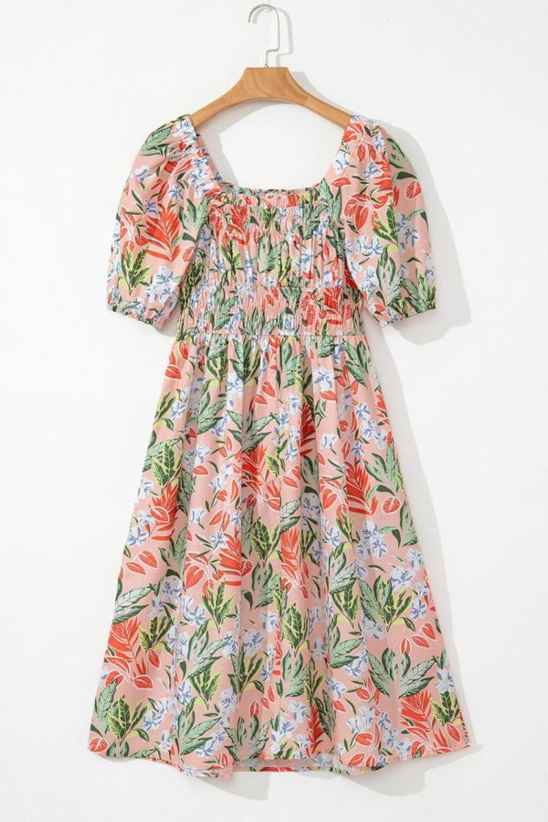 Women Apricot Pink Floral Knot Front Smocked Bubble Sleeve Dress | Midi Dresses - Image 4