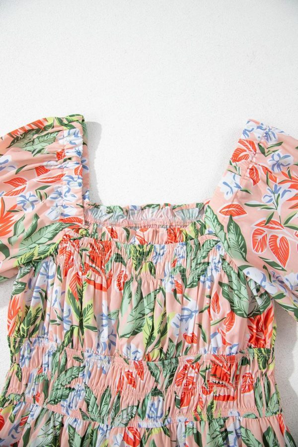 Women Apricot Pink Floral Knot Front Smocked Bubble Sleeve Dress | Midi Dresses - Image 5