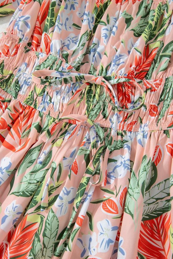 Women Apricot Pink Floral Knot Front Smocked Bubble Sleeve Dress | Midi Dresses - Image 6