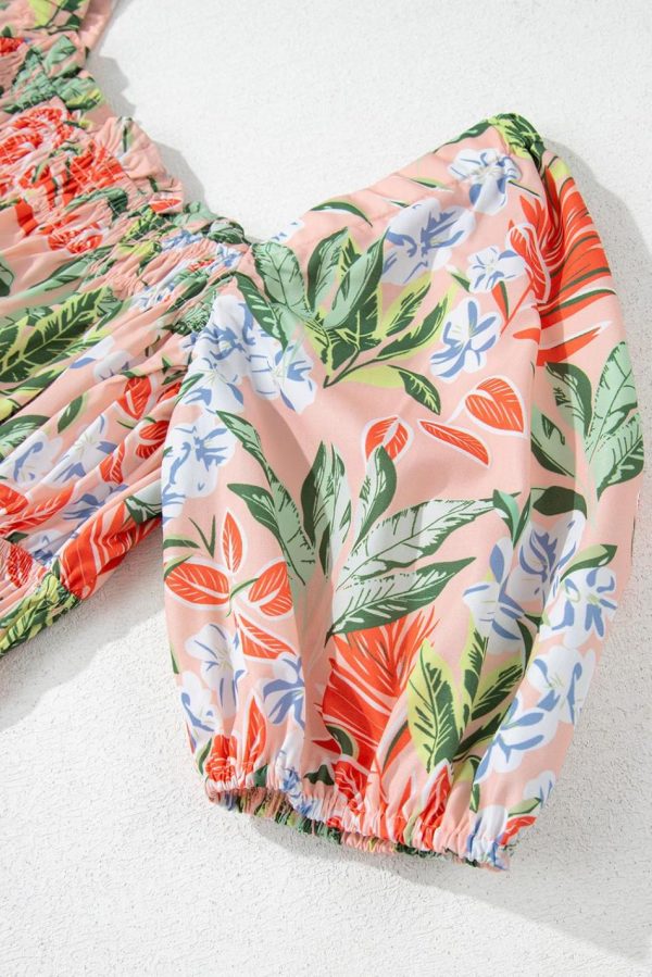 Women Apricot Pink Floral Knot Front Smocked Bubble Sleeve Dress | Midi Dresses - Image 7