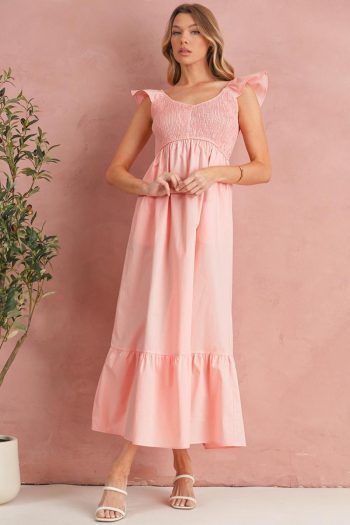 Women Apricot Pink V Neck Flutter Sleeve Smocked Bodice High Waist Ruffle Maxi Dress | Maxi Dresses