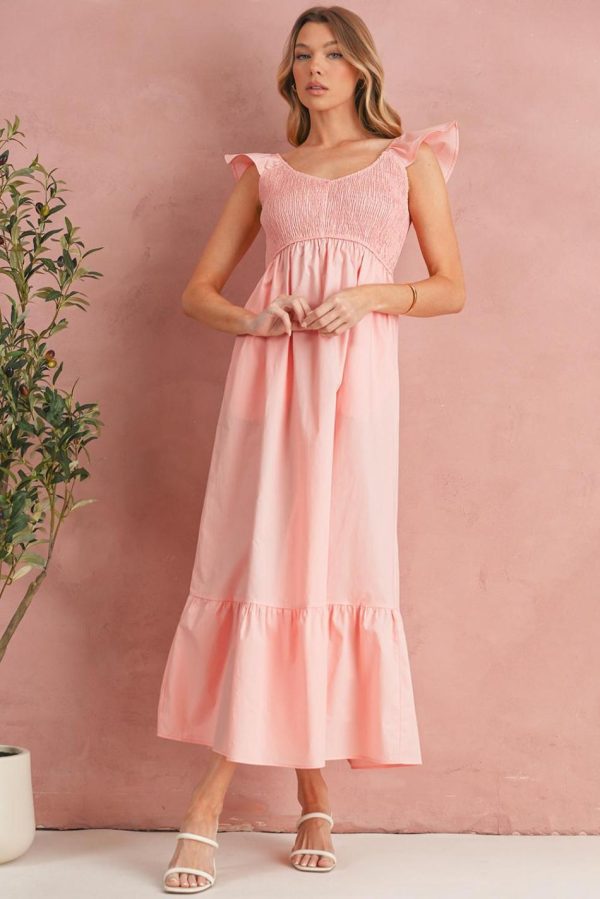 Women Apricot Pink V Neck Flutter Sleeve Smocked Bodice High Waist Ruffle Maxi Dress | Maxi Dresses