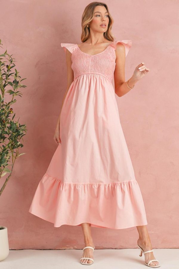 Women Apricot Pink V Neck Flutter Sleeve Smocked Bodice High Waist Ruffle Maxi Dress | Maxi Dresses - Image 2