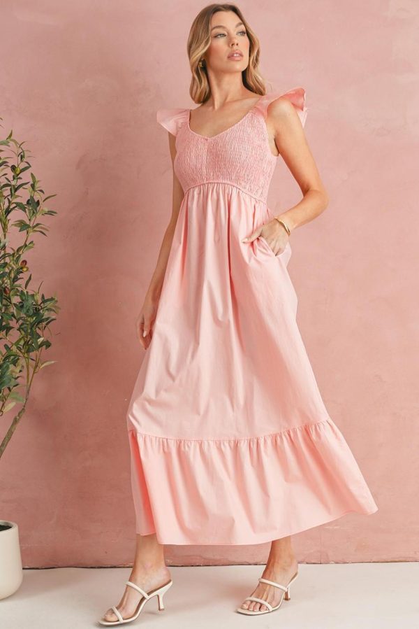 Women Apricot Pink V Neck Flutter Sleeve Smocked Bodice High Waist Ruffle Maxi Dress | Maxi Dresses - Image 3