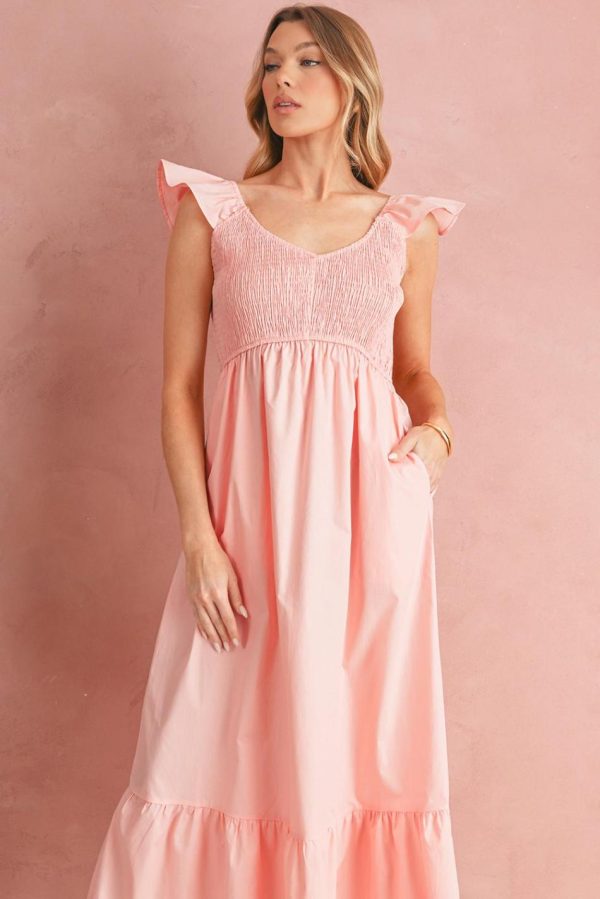 Women Apricot Pink V Neck Flutter Sleeve Smocked Bodice High Waist Ruffle Maxi Dress | Maxi Dresses - Image 4