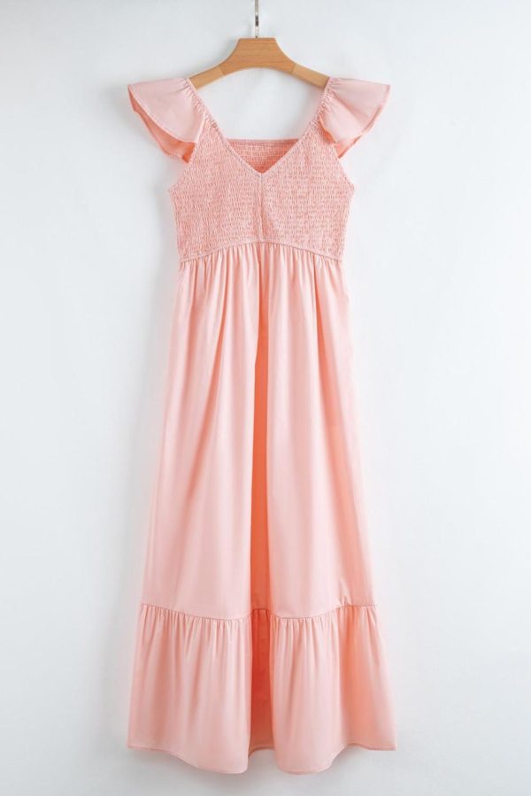 Women Apricot Pink V Neck Flutter Sleeve Smocked Bodice High Waist Ruffle Maxi Dress | Maxi Dresses - Image 6