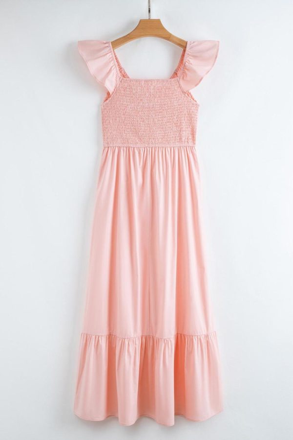 Women Apricot Pink V Neck Flutter Sleeve Smocked Bodice High Waist Ruffle Maxi Dress | Maxi Dresses - Image 7