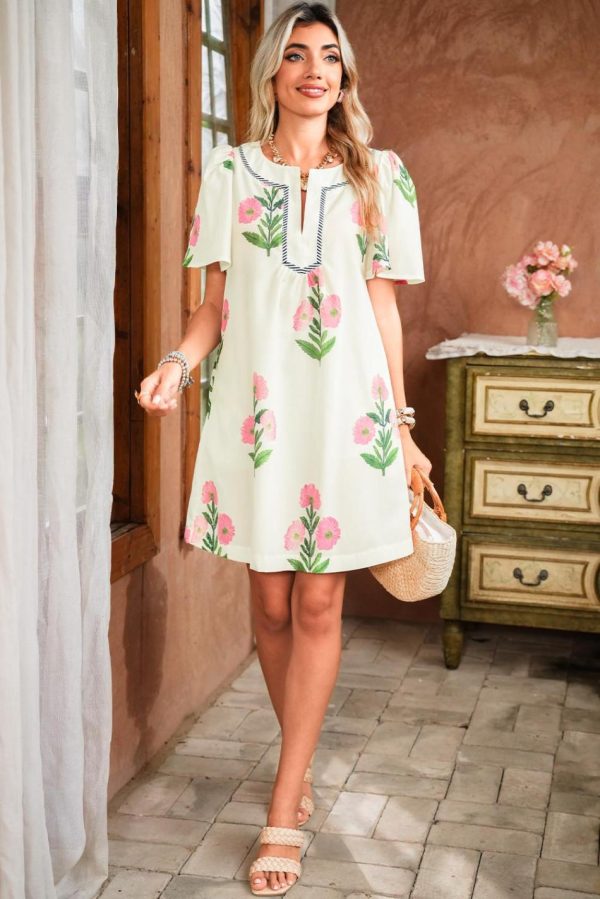 Women Apricot Striped Trim Short Sleeve Split Neck Floral Mini Dress | Short Dresses