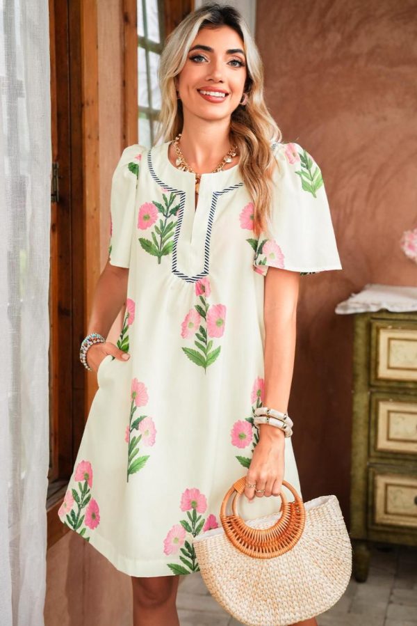 Women Apricot Striped Trim Short Sleeve Split Neck Floral Mini Dress | Short Dresses - Image 2