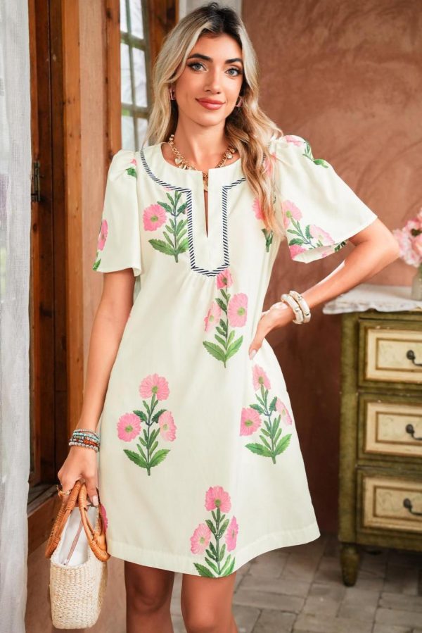 Women Apricot Striped Trim Short Sleeve Split Neck Floral Mini Dress | Short Dresses - Image 3