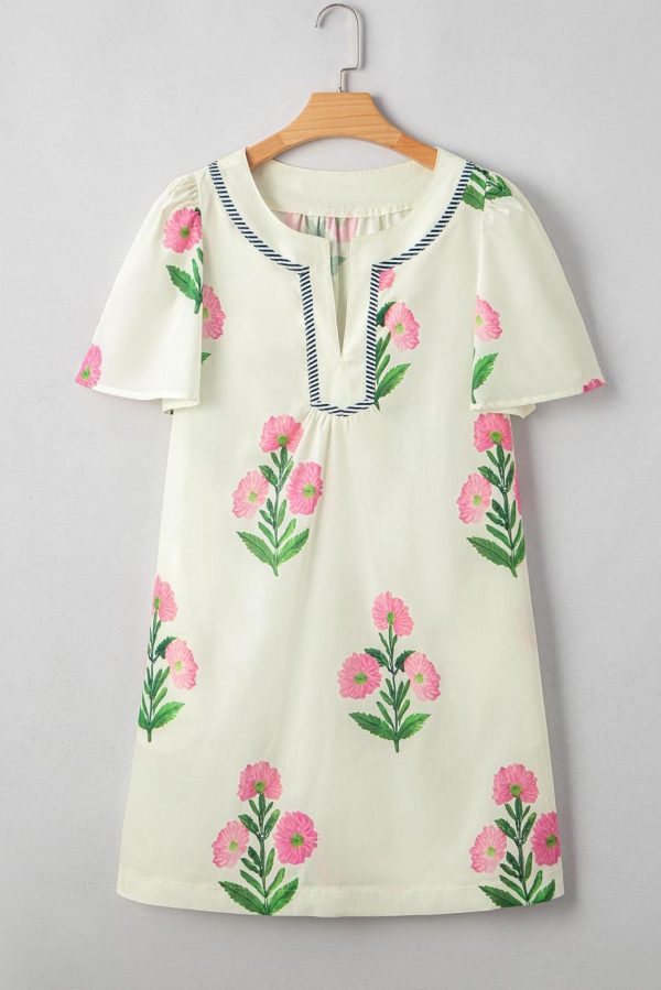 Women Apricot Striped Trim Short Sleeve Split Neck Floral Mini Dress | Short Dresses - Image 4