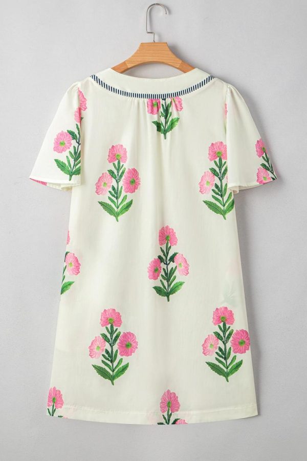 Women Apricot Striped Trim Short Sleeve Split Neck Floral Mini Dress | Short Dresses - Image 5