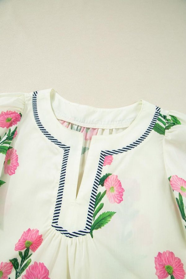 Women Apricot Striped Trim Short Sleeve Split Neck Floral Mini Dress | Short Dresses - Image 6