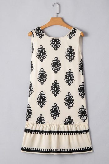 Women Beige Geometric Printed Sleeveless Hollowed Bowknot Back Mini Dress | Short Dresses