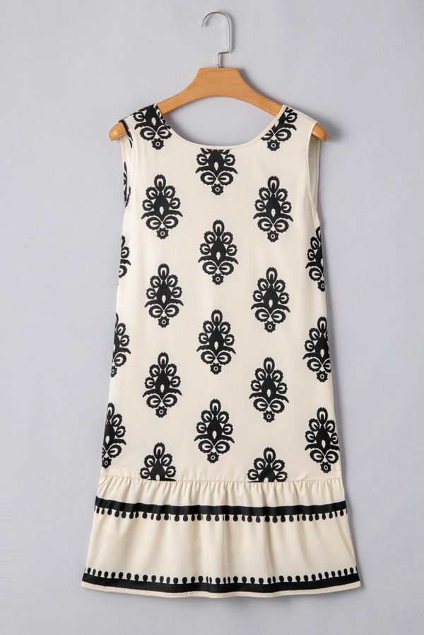 Women Beige Geometric Printed Sleeveless Hollowed Bowknot Back Mini Dress | Short Dresses