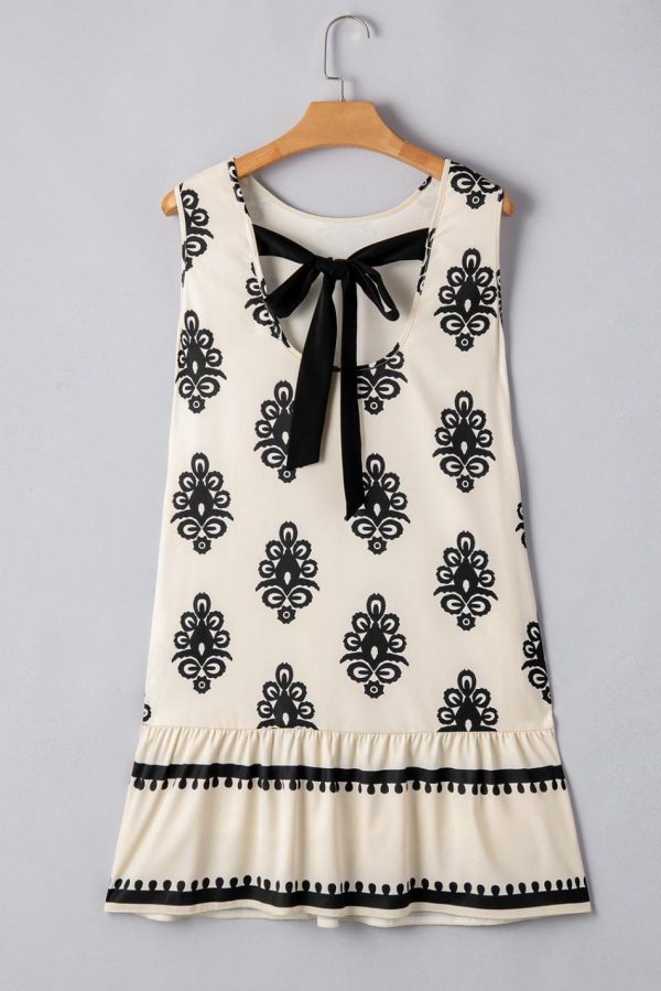 Women Beige Geometric Printed Sleeveless Hollowed Bowknot Back Mini Dress | Short Dresses - Image 2