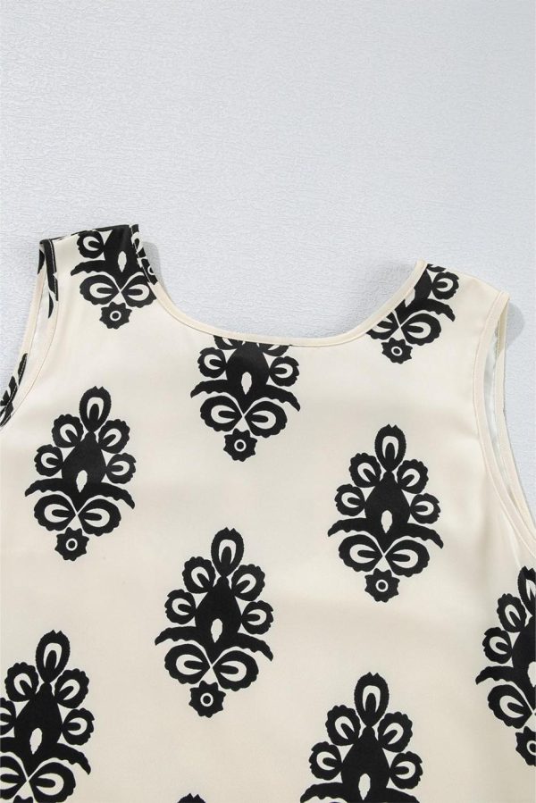Women Beige Geometric Printed Sleeveless Hollowed Bowknot Back Mini Dress | Short Dresses - Image 3