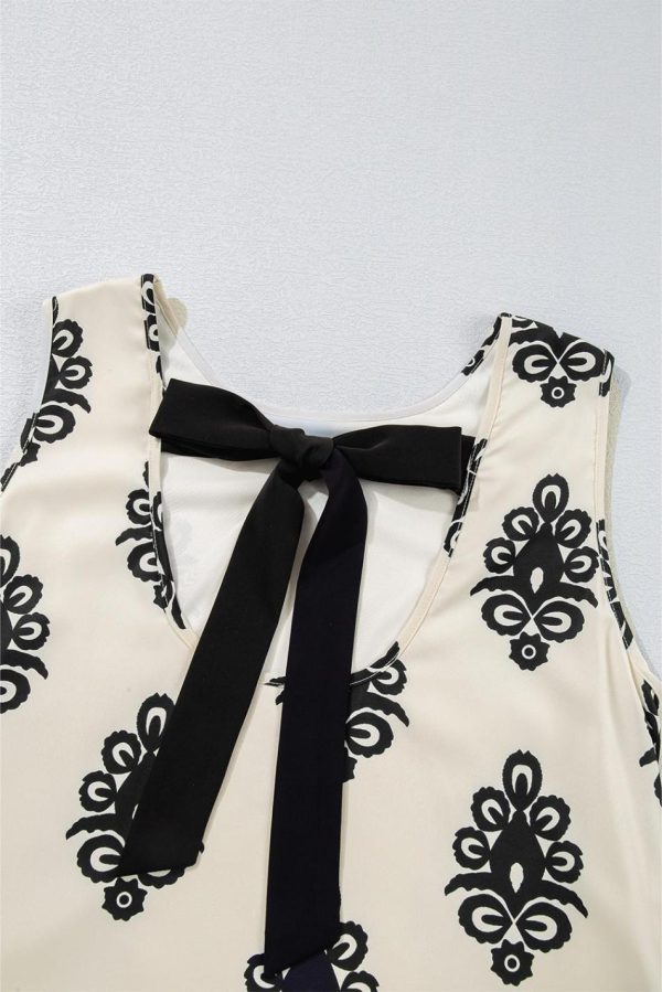 Women Beige Geometric Printed Sleeveless Hollowed Bowknot Back Mini Dress | Short Dresses - Image 4