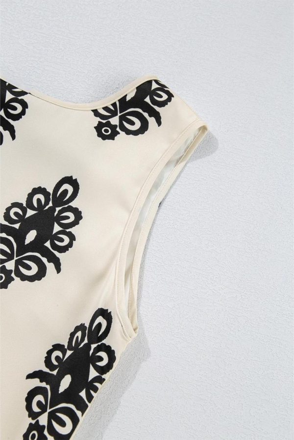 Women Beige Geometric Printed Sleeveless Hollowed Bowknot Back Mini Dress | Short Dresses - Image 5