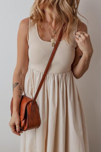 Women Beige Scoop Neck Ribbed Pleated Sleeveless Midi Dress | Midi Dresses