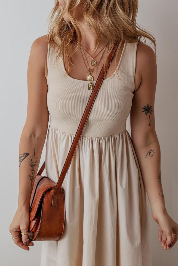 Women Beige Scoop Neck Ribbed Pleated Sleeveless Midi Dress | Midi Dresses - Image 2
