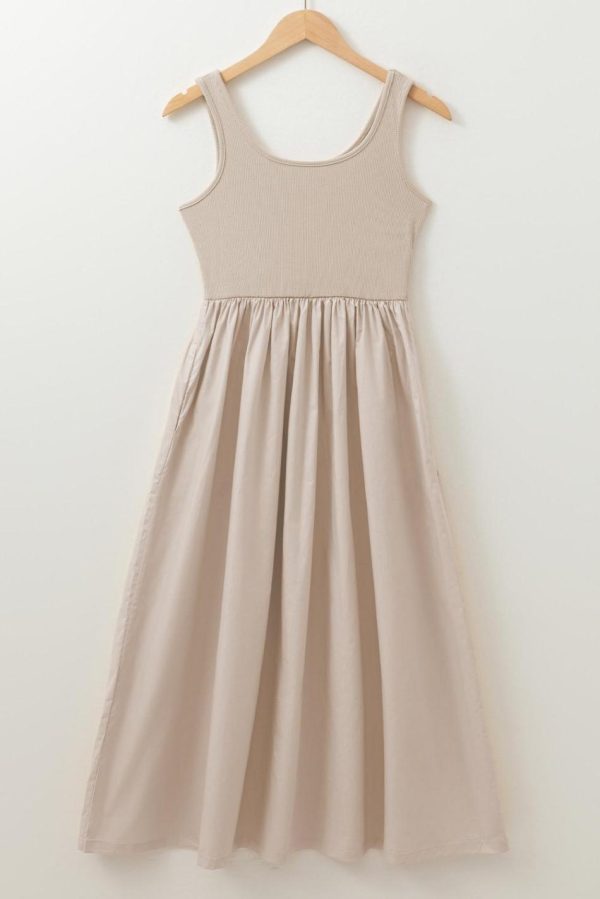 Women Beige Scoop Neck Ribbed Pleated Sleeveless Midi Dress | Midi Dresses - Image 3