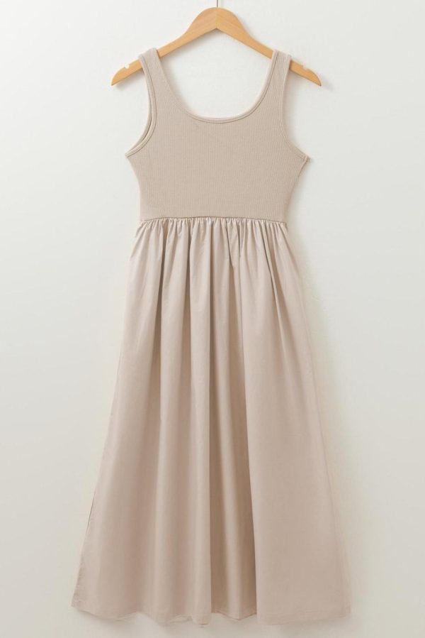 Women Beige Scoop Neck Ribbed Pleated Sleeveless Midi Dress | Midi Dresses - Image 4