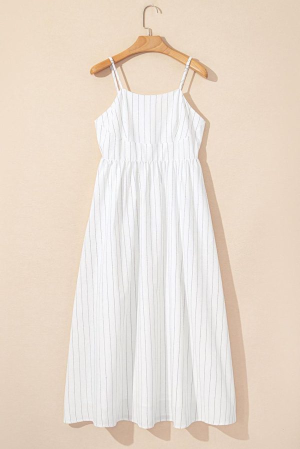 Women Beige Stripe Spaghetti Strap Pocketed High Waist Maxi Dress | Maxi Dresses - Image 4