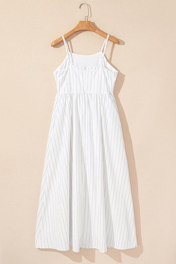 Women Beige Stripe Spaghetti Strap Pocketed High Waist Maxi Dress | Maxi Dresses - Image 5
