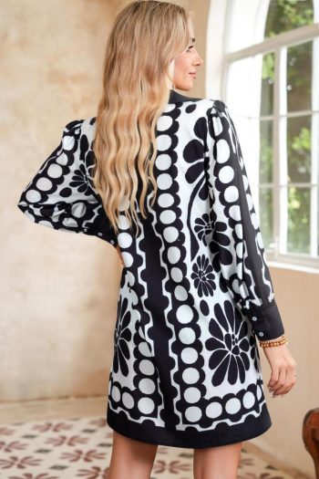 Women Black Abstract Print V Neck Puff Sleeve Mini Dress | Short Dresses