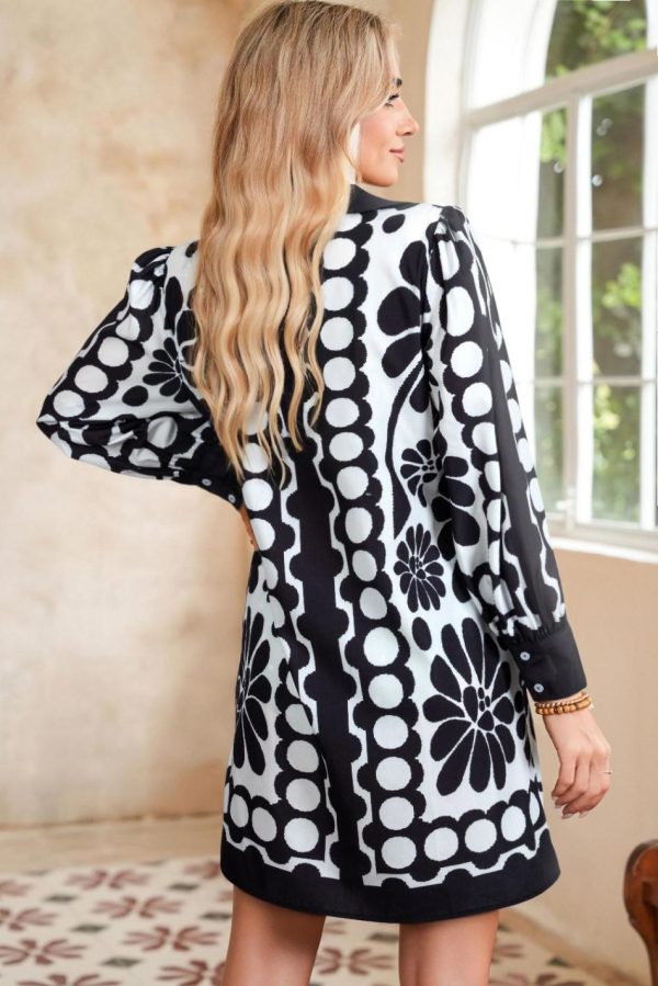 Women Black Abstract Print V Neck Puff Sleeve Mini Dress | Short Dresses