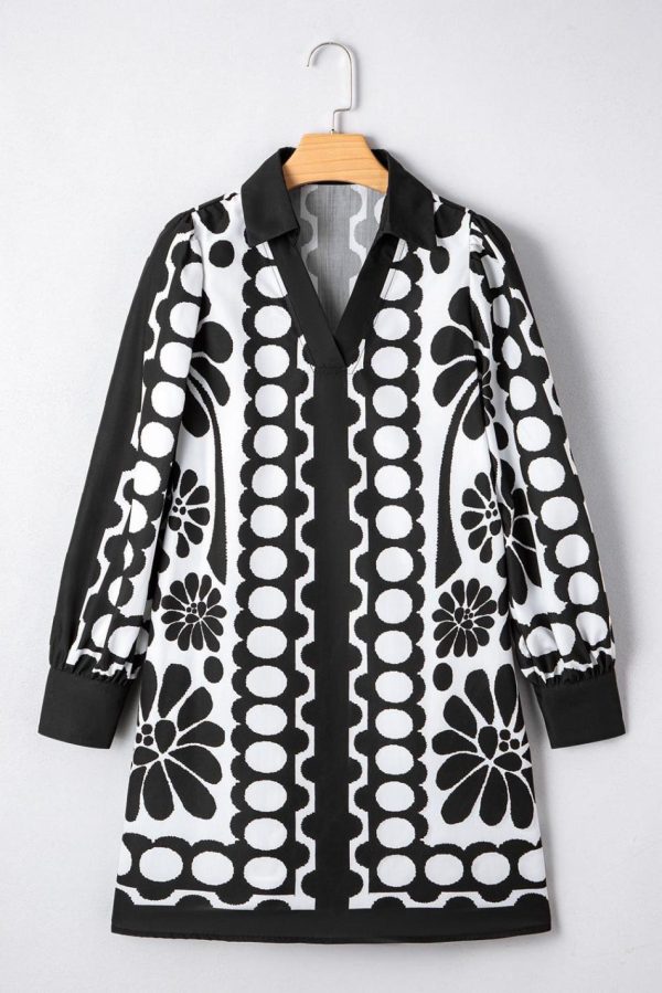 Women Black Abstract Print V Neck Puff Sleeve Mini Dress | Short Dresses - Image 2