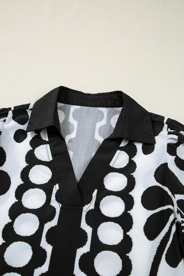 Women Black Abstract Print V Neck Puff Sleeve Mini Dress | Short Dresses - Image 4