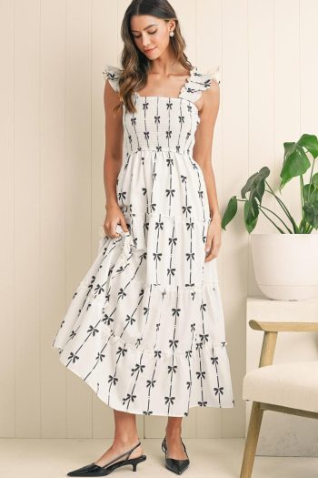 Women Black Bow Print Smocked Ruffle High Waist Maxi Dress | Maxi Dresses