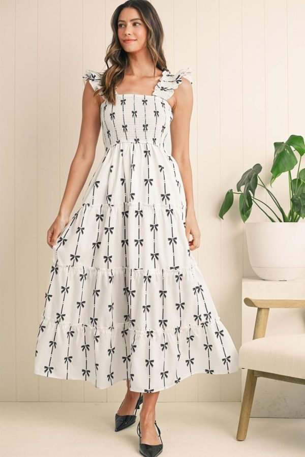 Women Black Bow Print Smocked Ruffle High Waist Maxi Dress | Maxi Dresses - Image 2