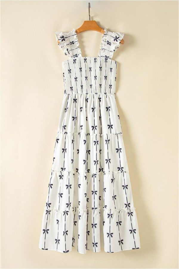 Women Black Bow Print Smocked Ruffle High Waist Maxi Dress | Maxi Dresses - Image 6