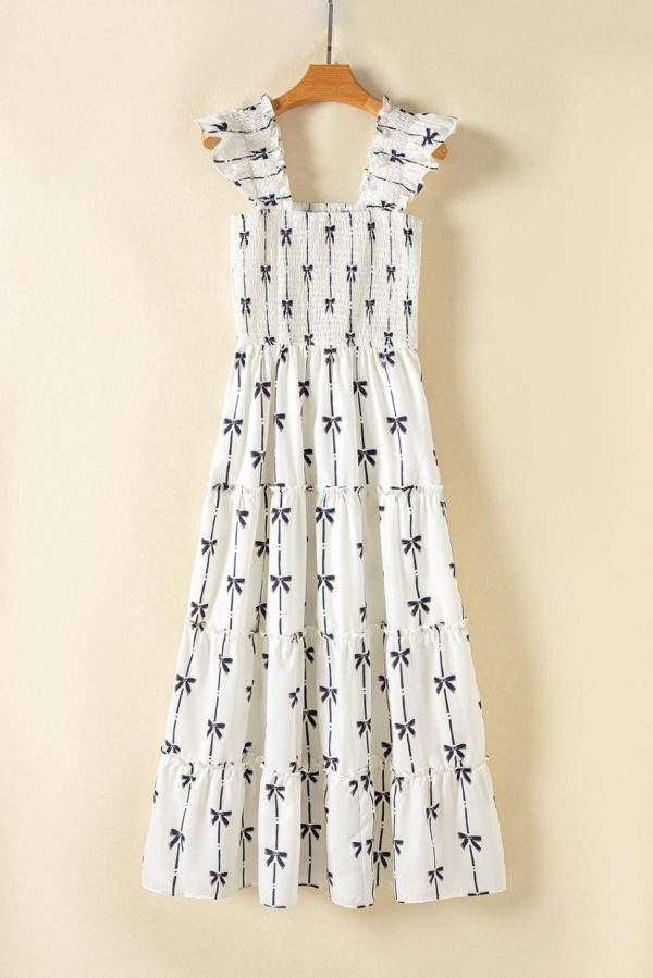 Women Black Bow Print Smocked Ruffle High Waist Maxi Dress | Maxi Dresses - Image 7