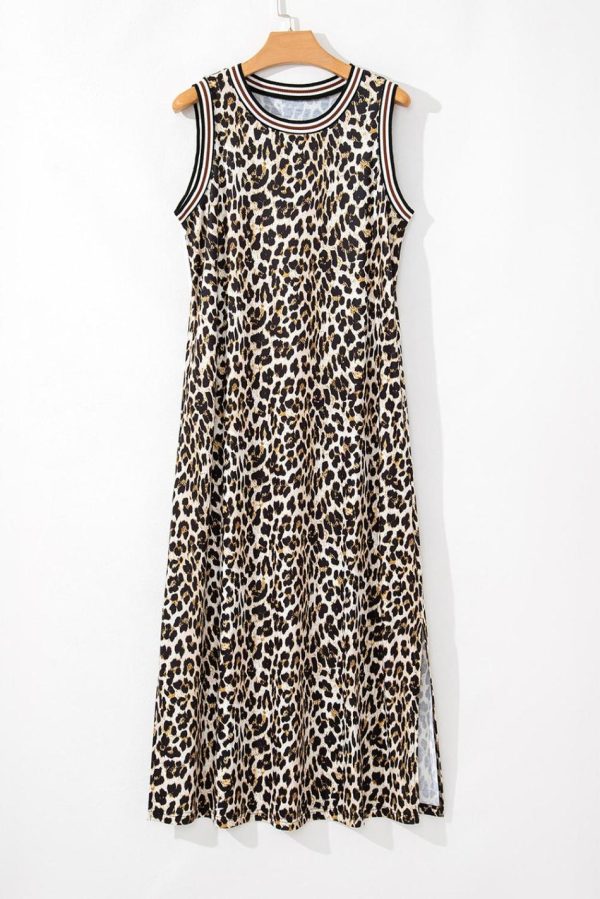 Women Black Contrast Striped Trim Leopard Sleeveless Midi Dress | Midi Dresses - Image 6