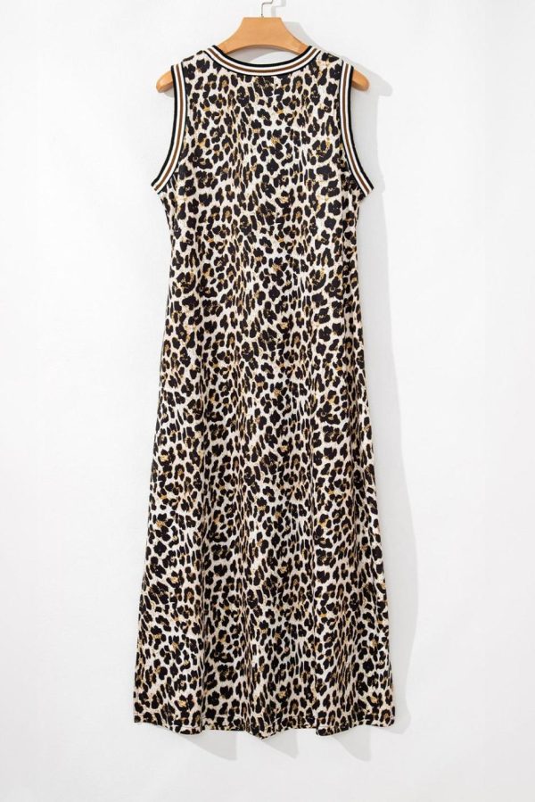 Women Black Contrast Striped Trim Leopard Sleeveless Midi Dress | Midi Dresses - Image 7