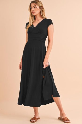 Women Black Deep V Neck Ruched High Waist Midi Dress | Midi Dresses