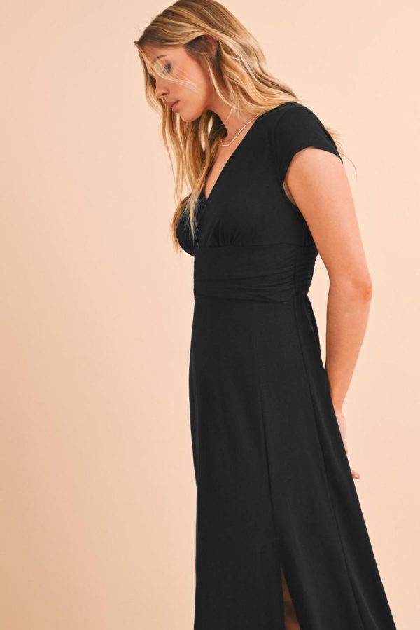 Women Black Deep V Neck Ruched High Waist Midi Dress | Midi Dresses - Image 3