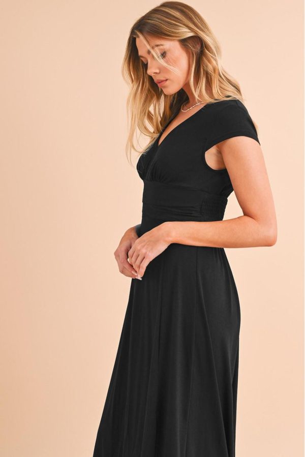 Women Black Deep V Neck Ruched High Waist Midi Dress | Midi Dresses - Image 4