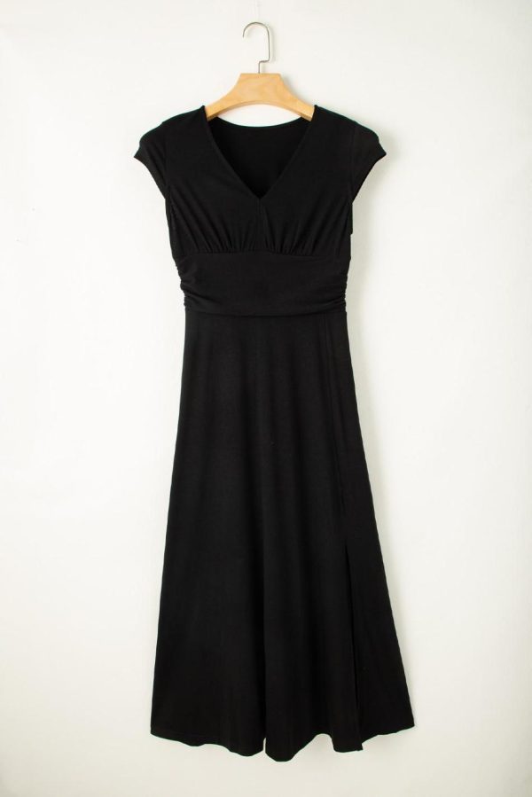 Women Black Deep V Neck Ruched High Waist Midi Dress | Midi Dresses - Image 6