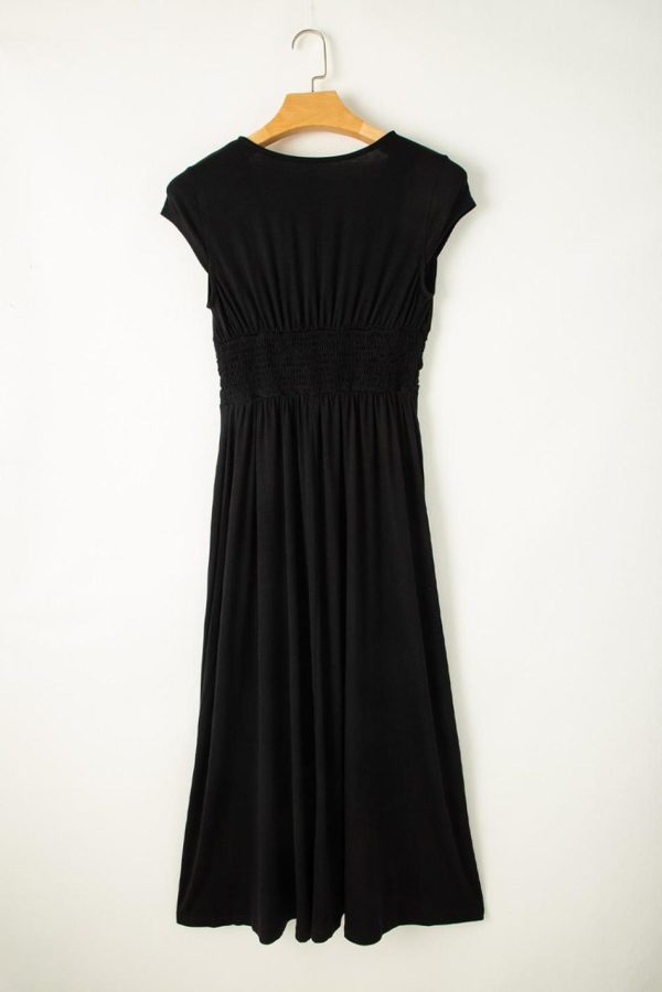 Women Black Deep V Neck Ruched High Waist Midi Dress | Midi Dresses - Image 7