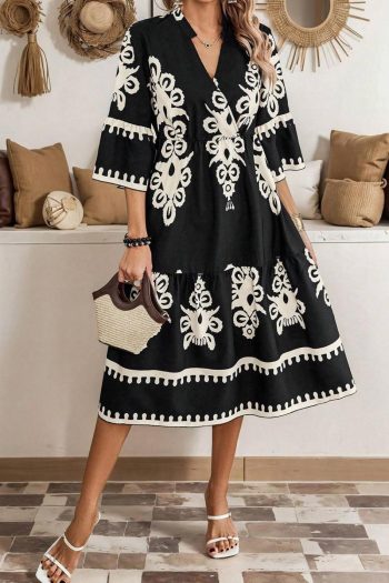 Women Black Ethnic Print 3/4 Sleeve Loose Midi Dress | Midi Dresses