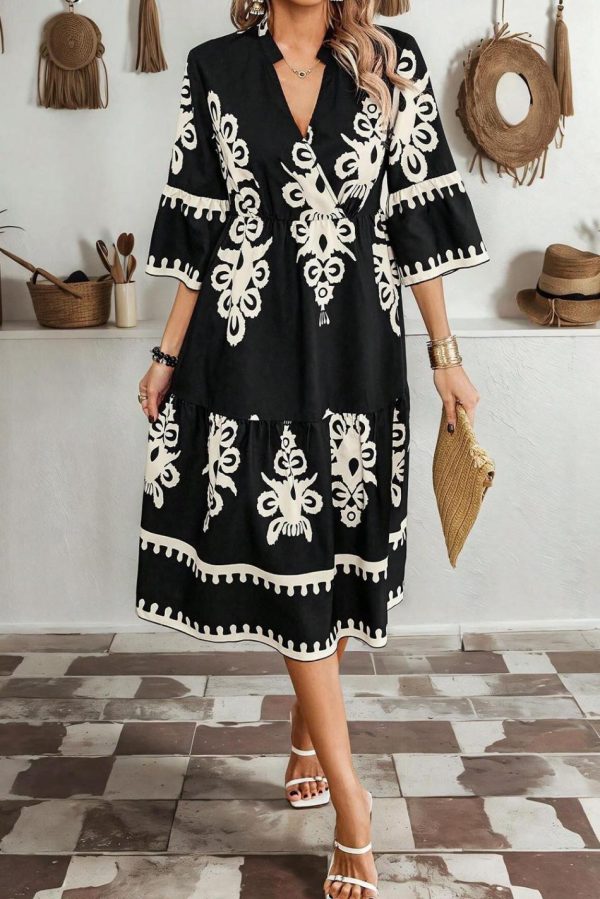 Women Black Ethnic Print 3/4 Sleeve Loose Midi Dress | Midi Dresses - Image 2